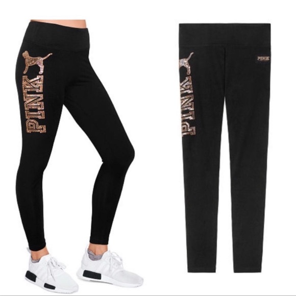 PINK VICTORIA’S SECRET ROSE GOLD PUP DOG BLING COTTON LEGGINGS - Picture 3 of 5